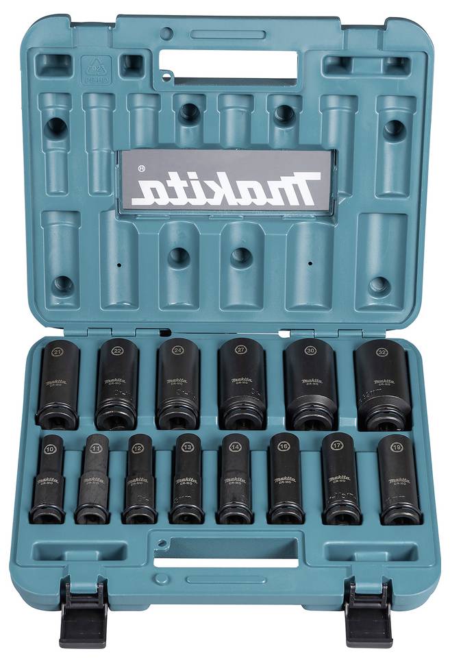 Een petrolblauwe Makita gereedschapskoffer met twaalf zwarte dopsleutels, gerangschikt in drie rijen, met een Makita-logo aan de binnenkant van het deksel.