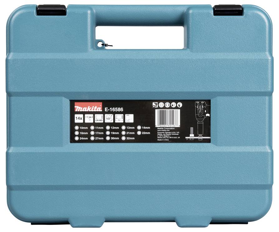 Een petrolblauwe gereedschapskoffer met een handvat, voorzien van het Makita-logo en boormaat-afmetingen die variëren van 5 mm tot 22 mm op het voorste etiket.