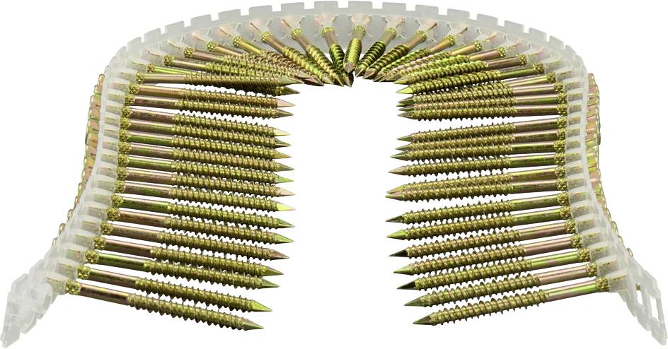 Vastgeklemde geel-groene schroeven in een witte kunststofstrip, gelijkmatig gerangschikt, mogelijk bedoeld voor geautomatiseerde gereedschappen.