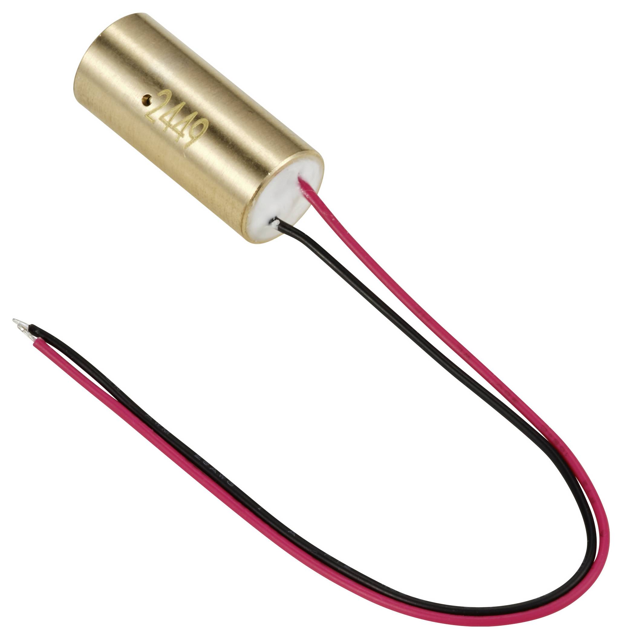 Een kleine cilindrische metalen lasermodule met twee uitstekende draden in rood en zwart.
