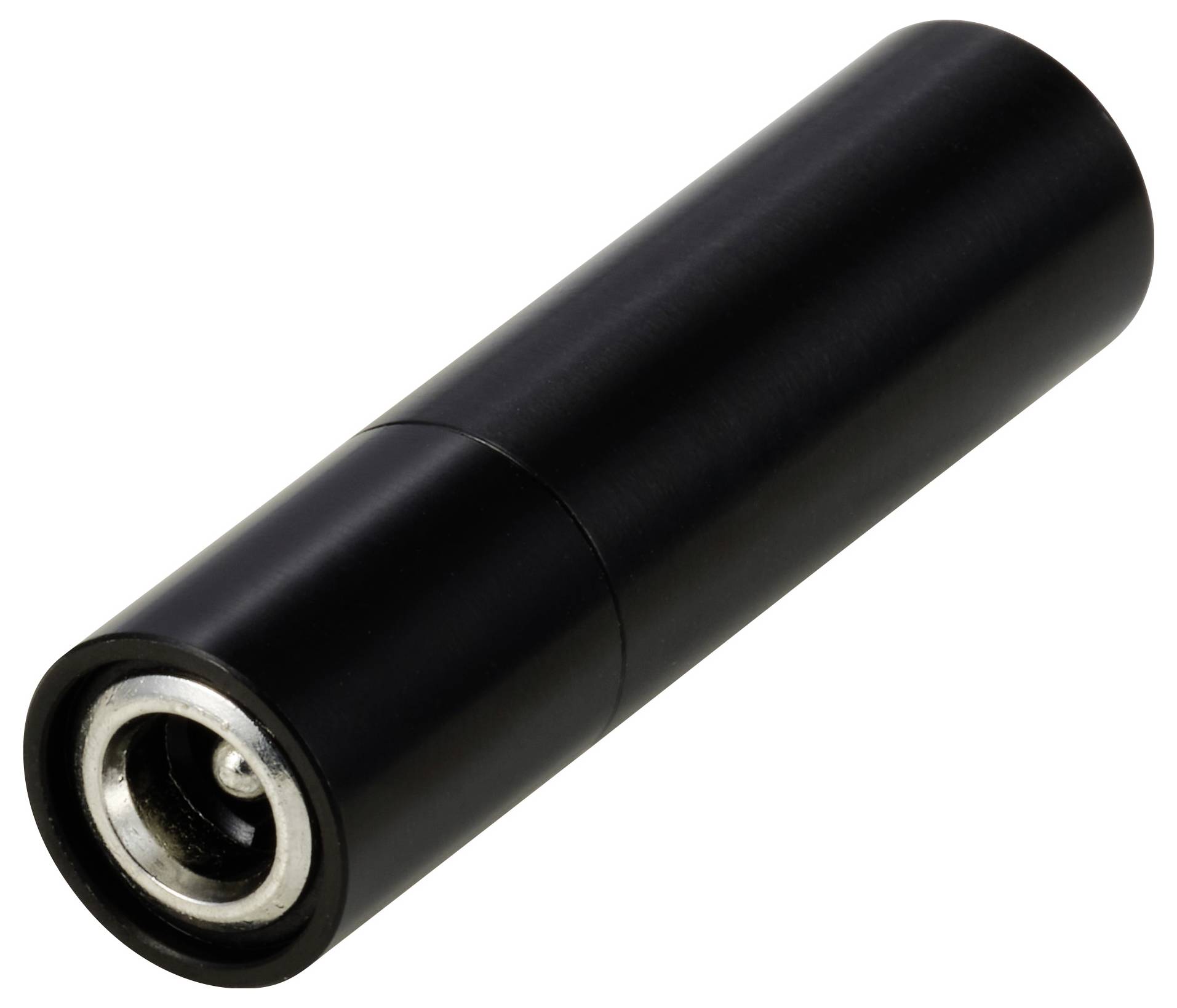 Een zwarte cilindrische batterij-adapter zonder zichtbare merken of opschriften.
