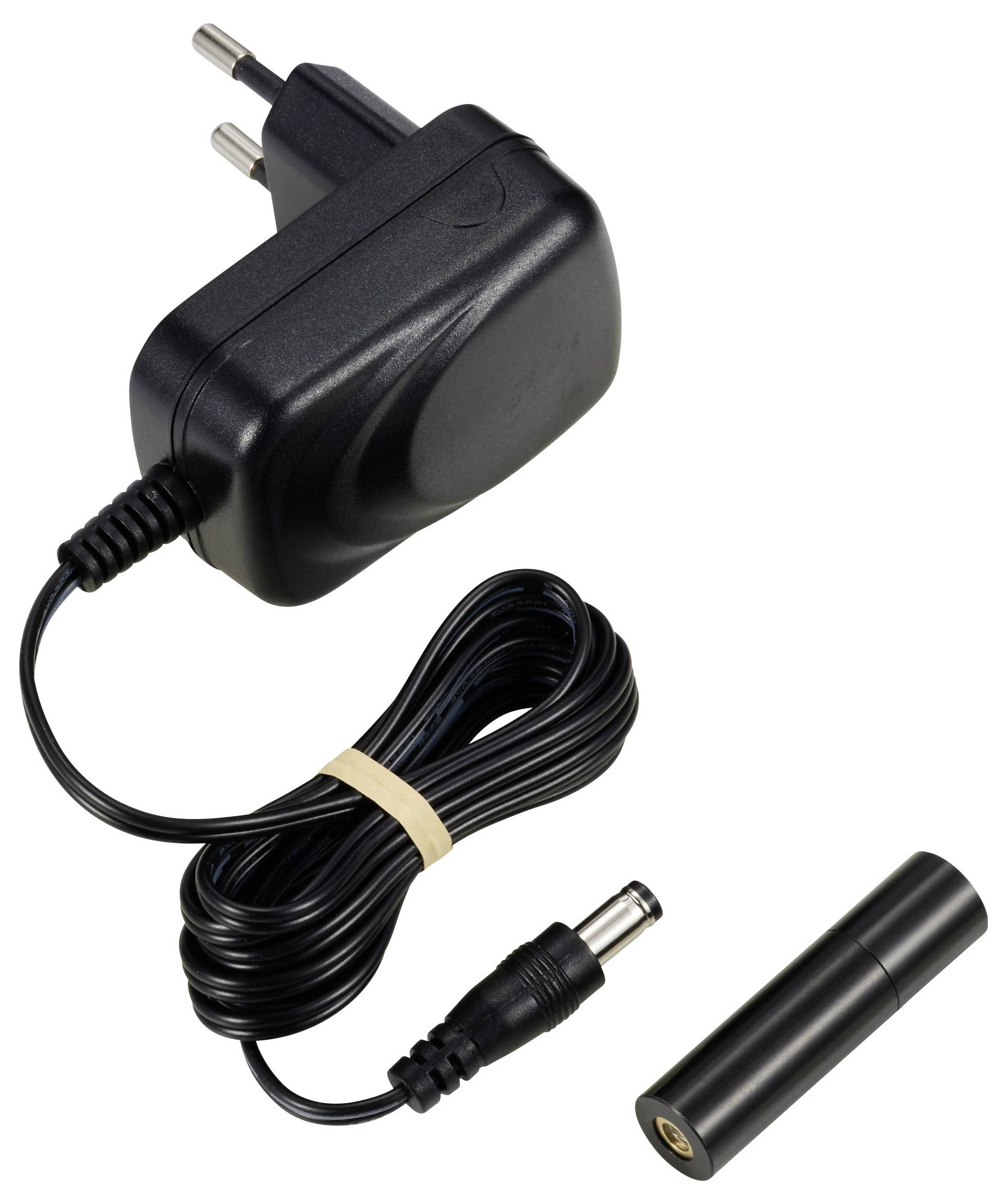 Zwart netsnoer met kabel en cilindrische adapter. De adapter is bedoeld voor aansluiting op elektronische apparaten.