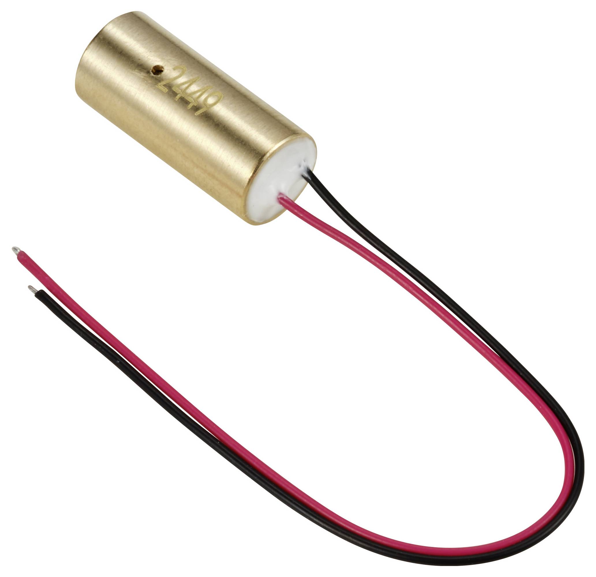 Een kleine, cilindrische elektromotor met rode en zwarte draden steekt uit aan een kant. Geschikt voor modelbouwtoepassingen.