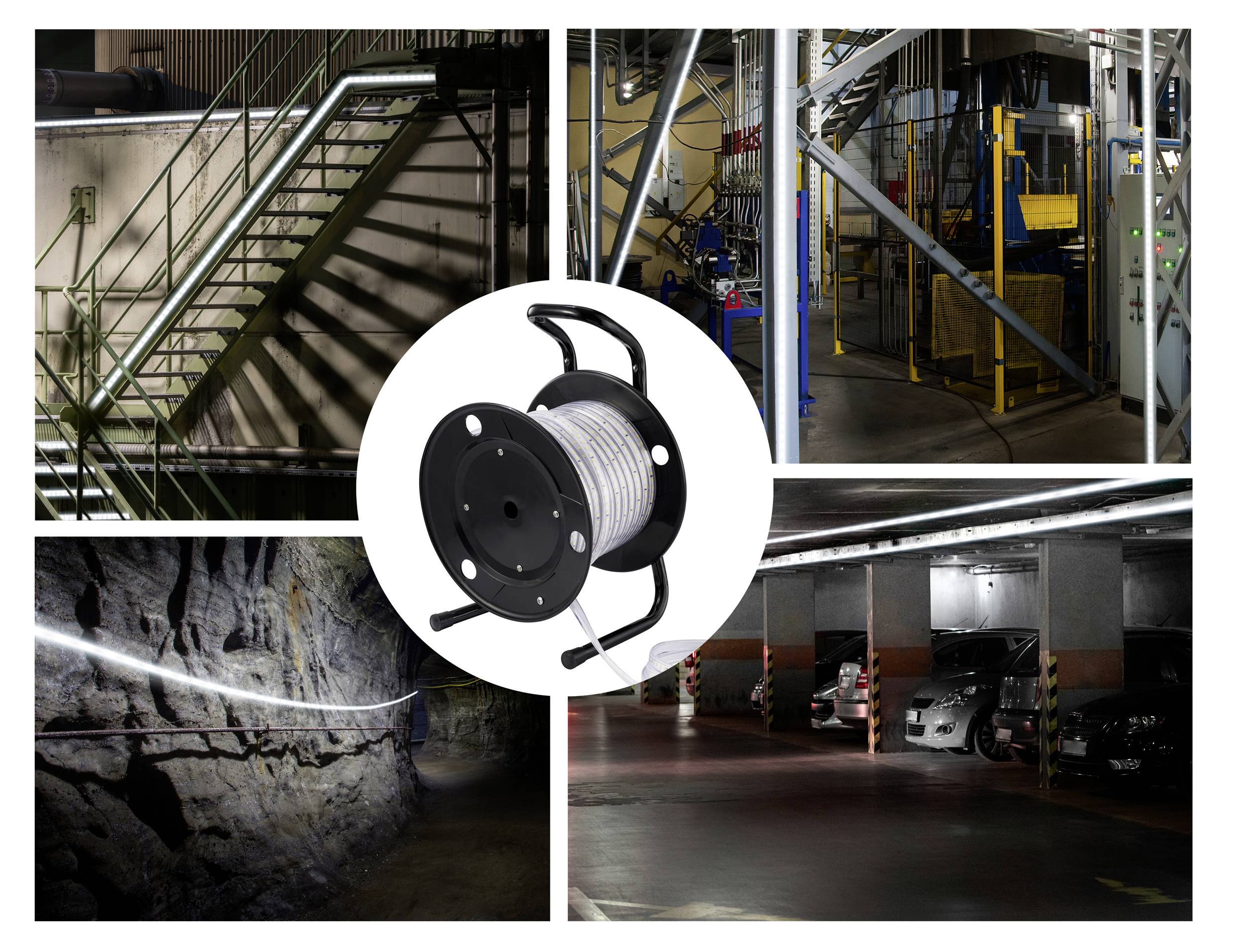 Een kabel(haspel) wordt in verschillende scenario's getoond: op een trap, in een werkplaats, in een tunnel en in een parkeergarage.