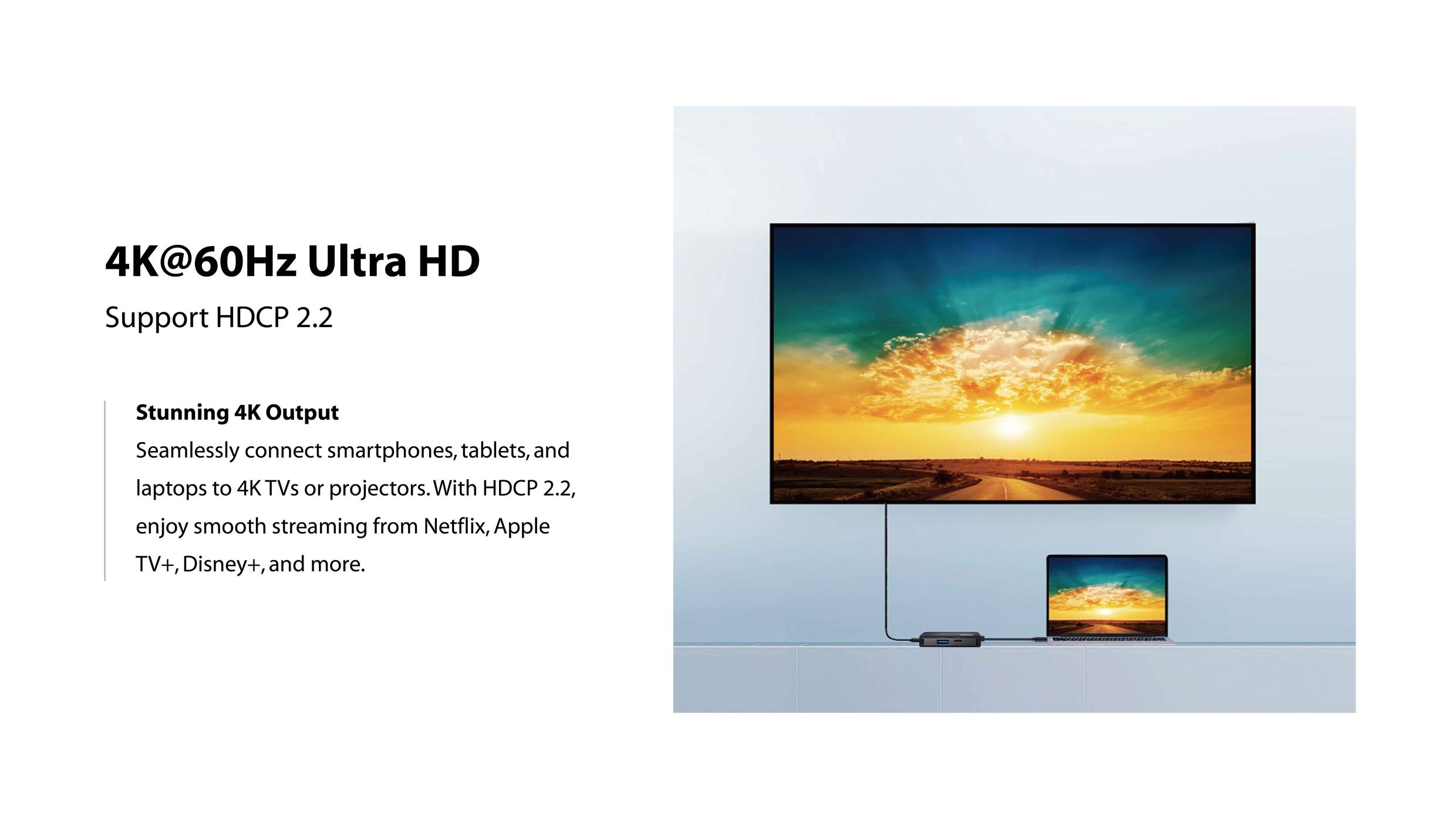 Ultra HD-tv toont zonsondergangsafbeelding. Tekst benadrukt 4K@60Hz en HDCP 2.2-ondersteuning, geoptimaliseerd voor streaming-apparaten.