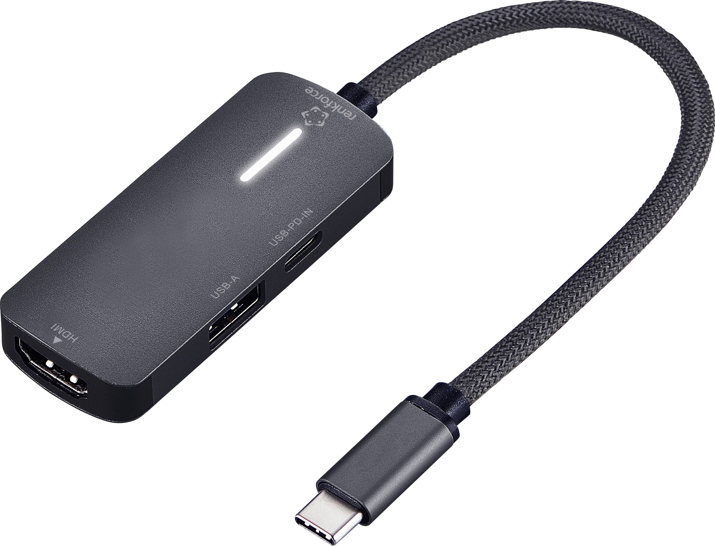 'Een zwarte USB-C hub met poorten voor HDMI, USB-A en USB-C, voorzien van een gevlochten kabel voor duurzaamheid.'