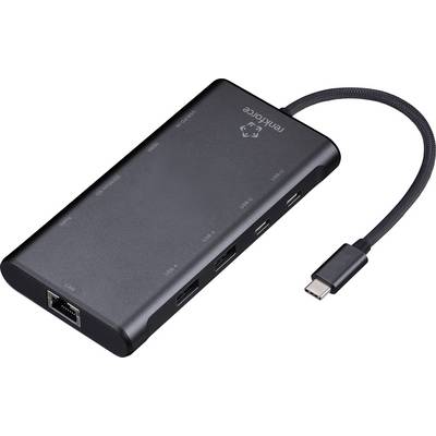 Een zwarte USB-C hub met meerdere poorten voorzien van Ethernet, HDMI, USB en kaartlezerssleuven, vergezeld van een USB-C kabel.