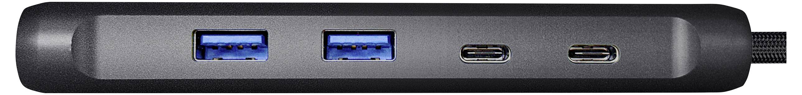 USB-hub met twee blauwe USB-A-poorten en twee kleinere USB-C-poorten op een zwarte behuizing. Geschikt voor computerverbindingen.