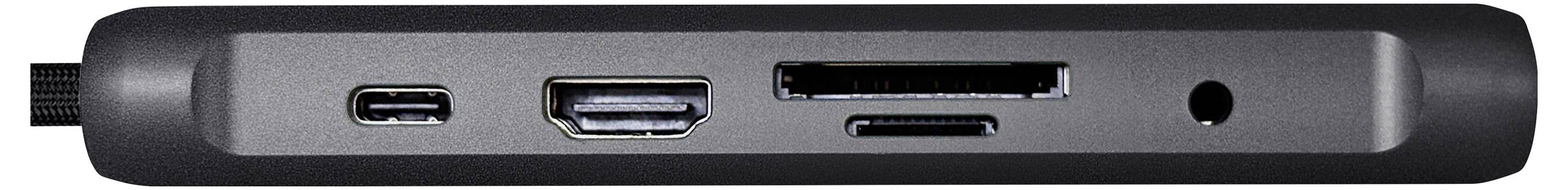 Een zwarte adapter met aansluitingen: USB-C, HDMI, kaartlezer en audio-aansluiting. Ontworpen voor uitgebreide connectiviteit.