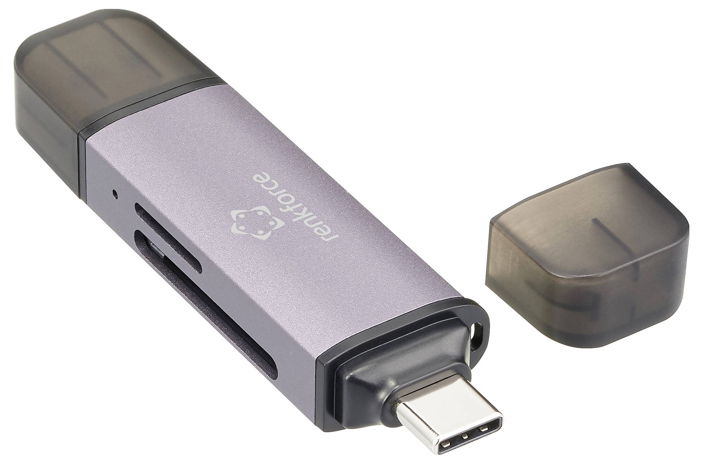 Een USB-stick met USB-C-aansluiting, paarse behuizing en afneembare beschermkap, geschikt voor gegevensopslag en -overdracht.