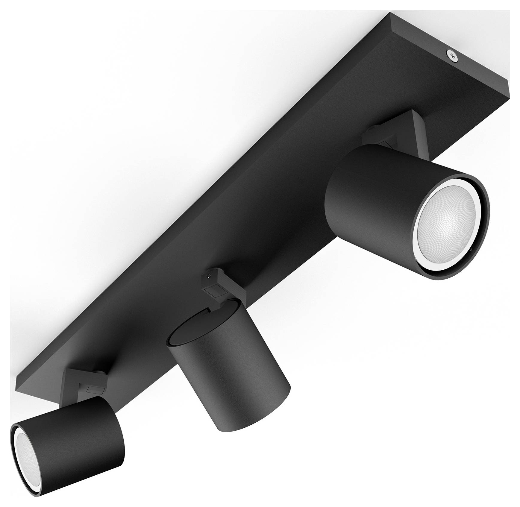 Zwarte plafondlamp met drie cilindrische, verstelbare spots, gemonteerd op een rechthoekige voet.