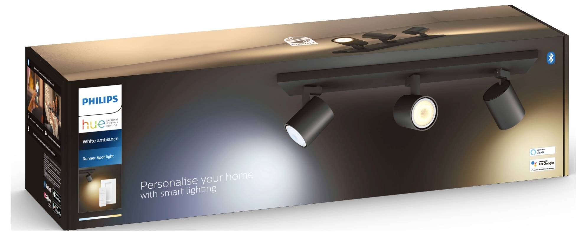 Philips Hue White Ambiance LED-driepuntspot in verpakking. Smart Home-verlichting, Bluetooth-compatibel, met app-besturing.