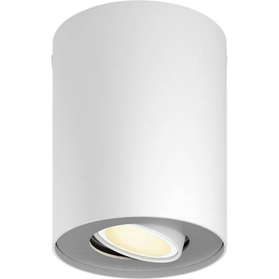 Een ronde, witte plafondlamp met een draaibare binnenspot die warm, gedempt licht uitstraalt.
