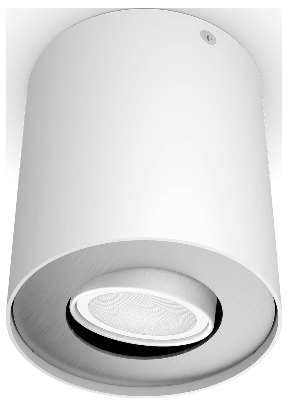 Witte cilindrische plafondlamp met geïntegreerde luidspreker in het midden van de ruimte.