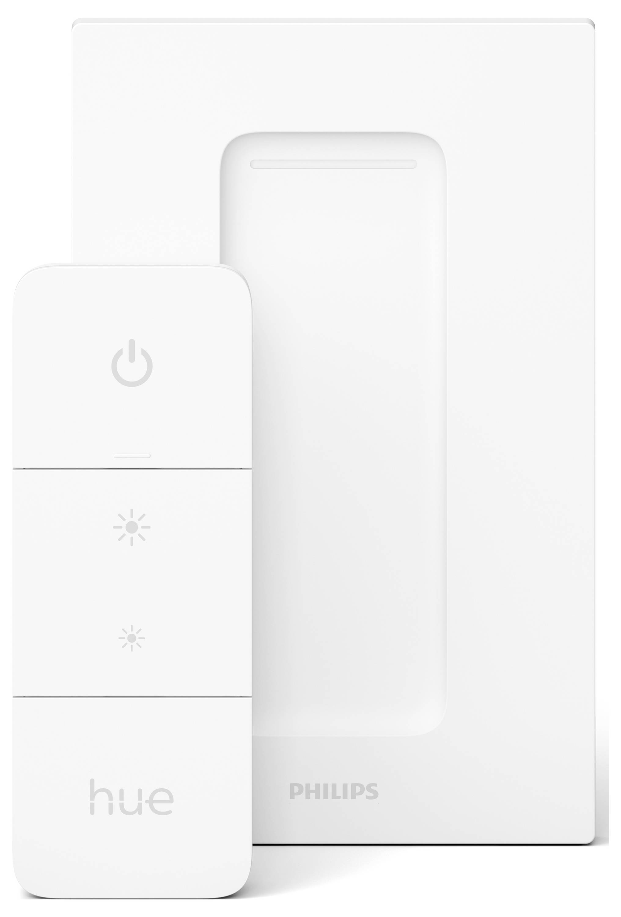 Een witte Philips Hue dimschakelaar voor een wandhouder. De schakelaar heeft een aan-/uitknop en knoppen voor helderheidsaanpassing.