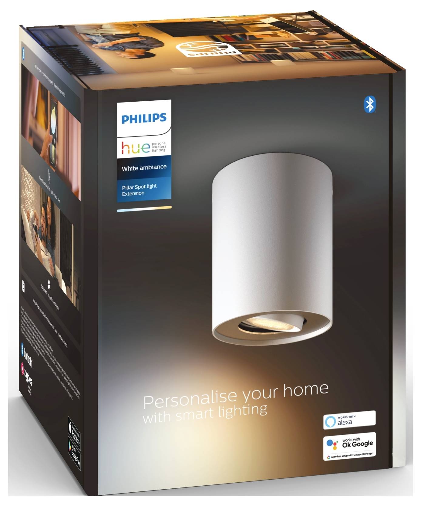 Een Philips Hue White Ambiance Lamp in een verpakking met de tekst 'Personaliseer je huis met slimme verlichting'.