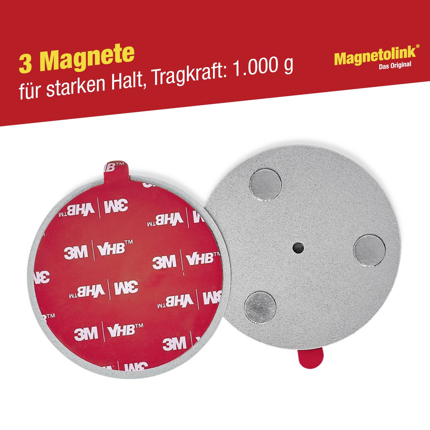 '3 Magneten voor sterke bevestiging, draagvermogen: 1.000 g' toont twee ronde magneten met rode achterkant en grijze voorkant, merkbenaming rechtsboven.