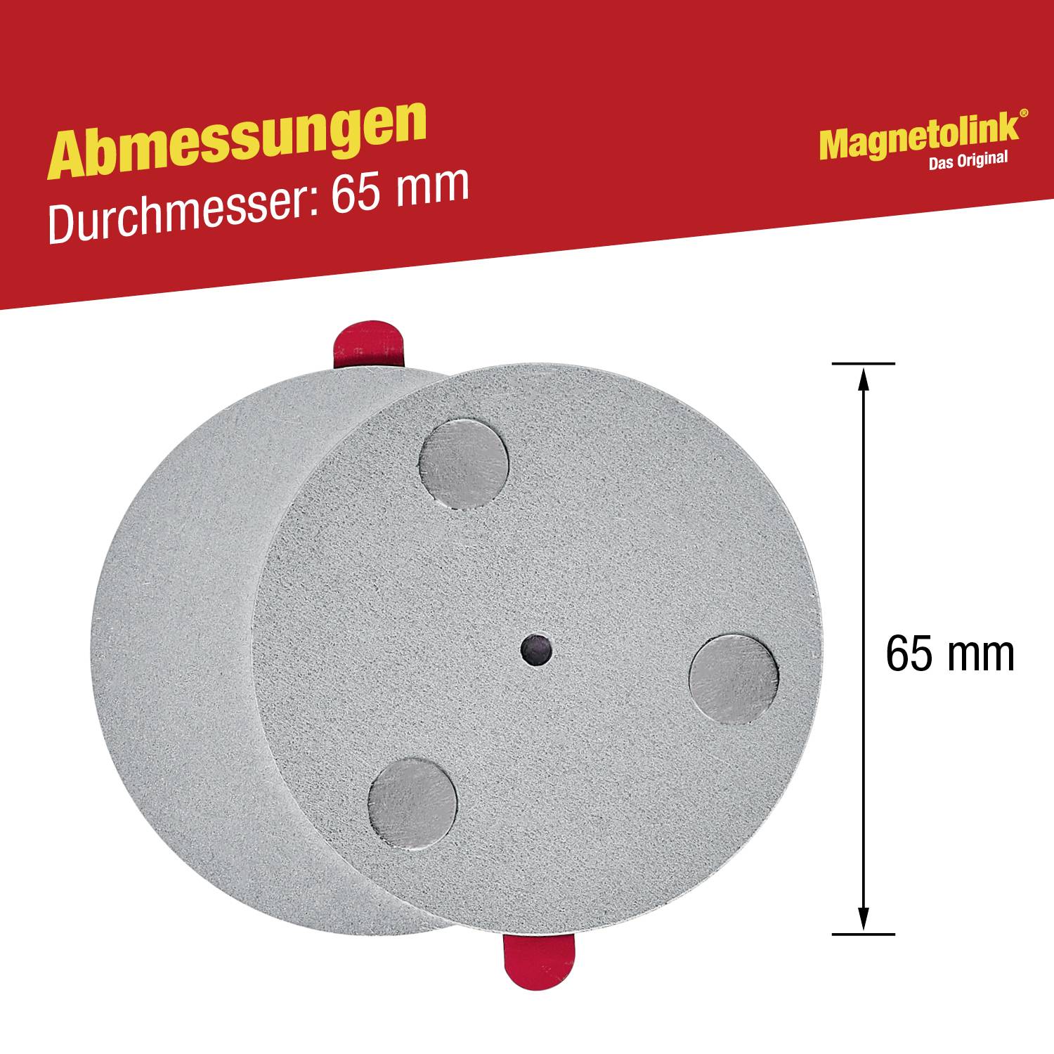 Grijze magneet met rode stang, diameter 65 mm. Boven staat 'Afmetingen', rechts 'Magnetolink - Het origineel'.