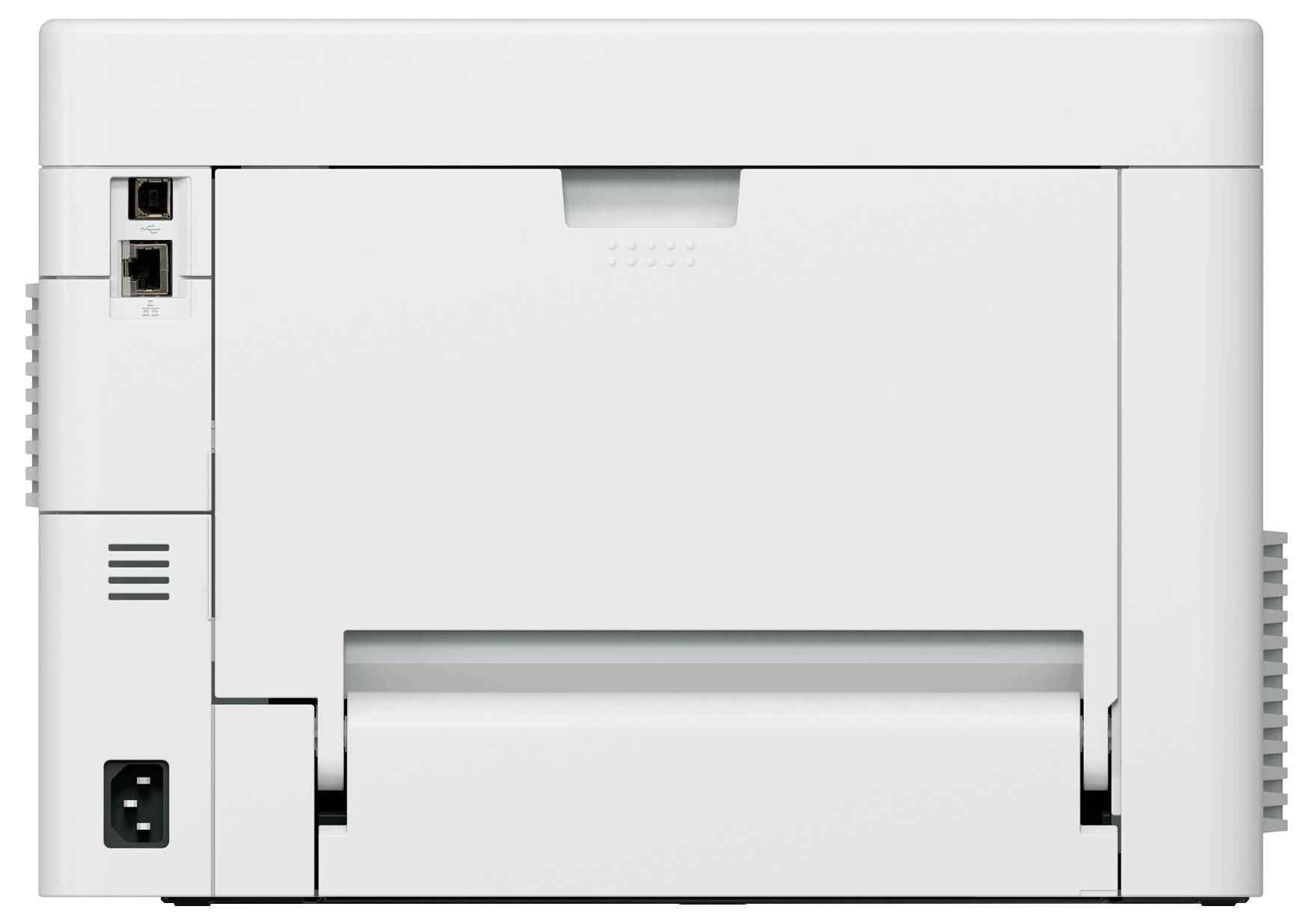 Een witte printer van achteren, toont de aansluitingen voor stroom- en netwerkkabels.
