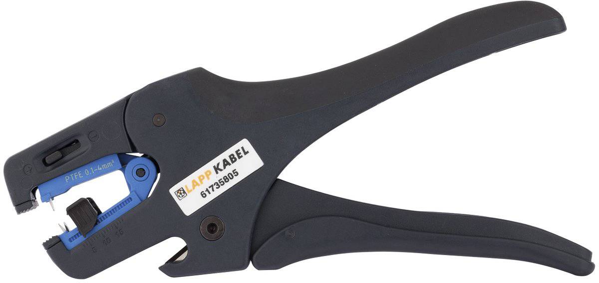 Striptang van Lapp Kabel, modelnummer 61753000, in zwart en blauw design, voor het nauwkeurig strippen van kabels.