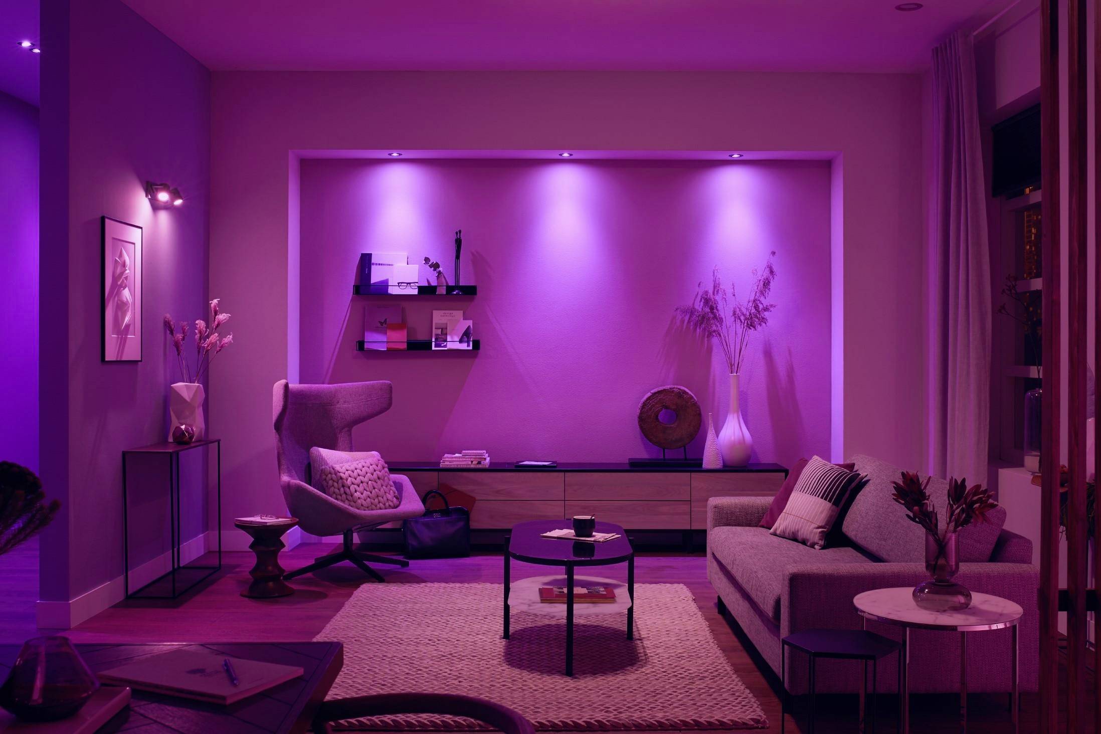 Een woonkamer met moderne inrichting, verlicht door paars licht. Een grijze bank, decoratieve planten en een fauteuil zijn zichtbaar.