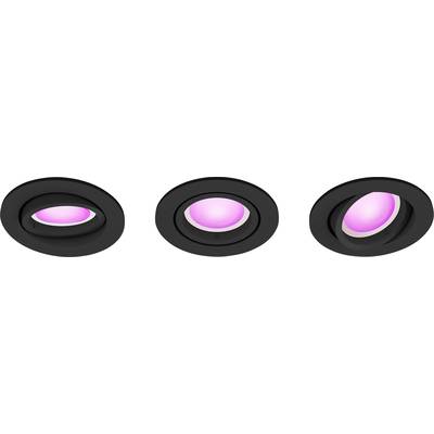 Drie zwarte inbouwlampen met roze oplichtende lenzen, in een gelijkmatige opstelling. Ze zijn ontworpen in een moderne stijl.