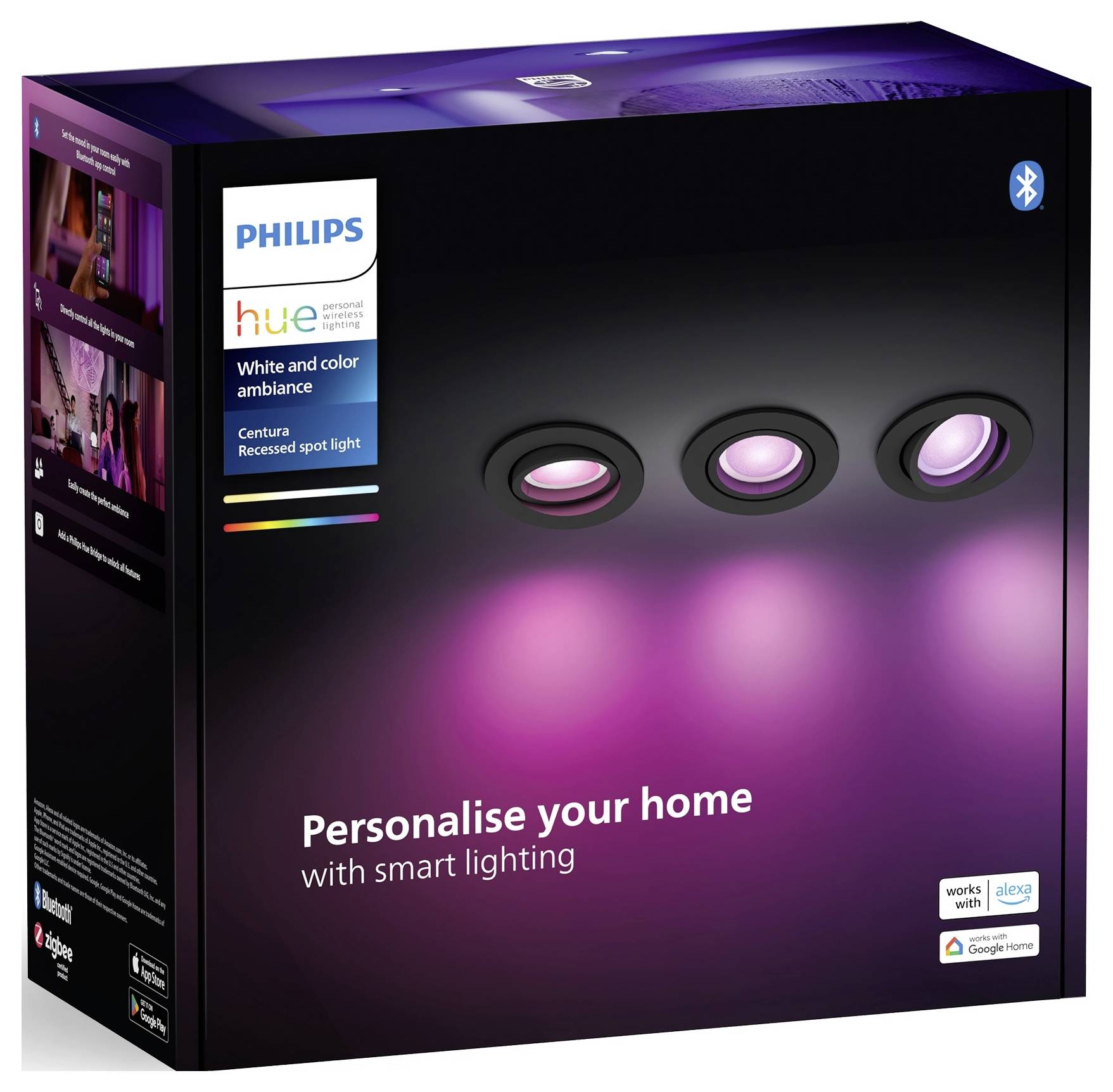 Een verpakking van Philips Hue Centura inbouwspots, toont drie roze oplichtende lampen. Tekst: 'Personaliseer je huis met slimme verlichting'. Compatibel met Alexa en Google Assistant.