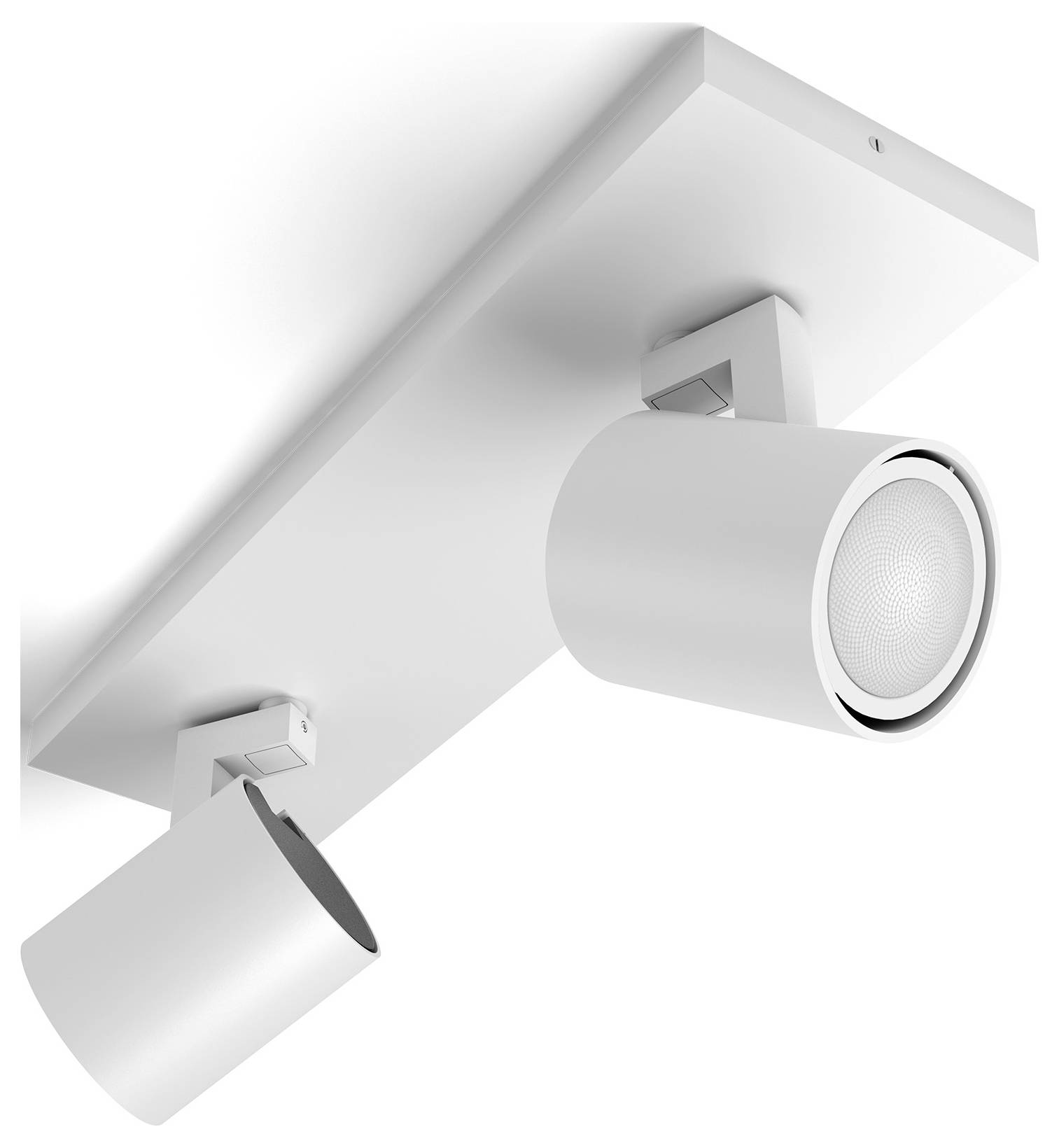 Plafondlamp met twee verstelbare, cilindrische LED-spots in een modern, minimalistisch design.