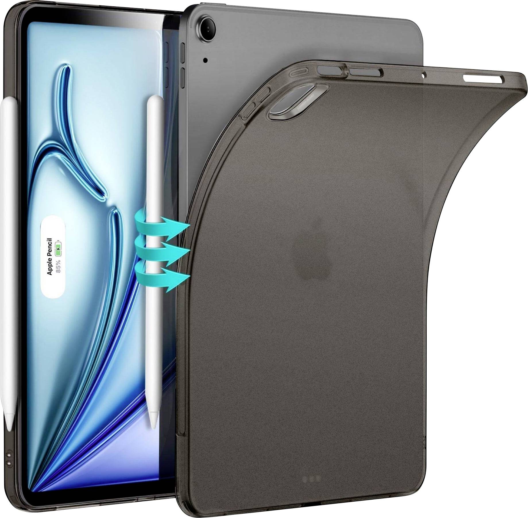 Tablet met transparante behuizing, toont de bescherming aan de achterkant en de magnetische bevestiging van een stylus aan de zijkant van het scherm.