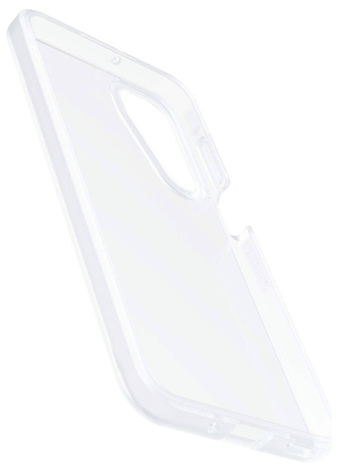 Transparante telefoonhoes met uitsparing voor camera en aansluitingen, geschikt voor een modern smartphone-model.