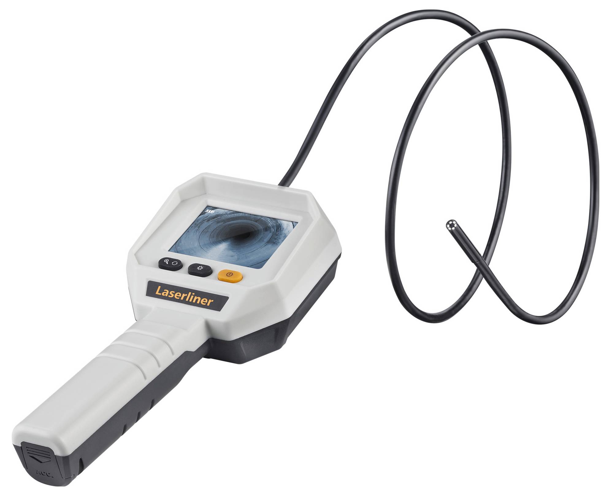 Endoscoop met scherm voor inwendige inspectie, merklogo zichtbaar, flexibele kabel aangepast voor moeilijk bereikbare plekken.