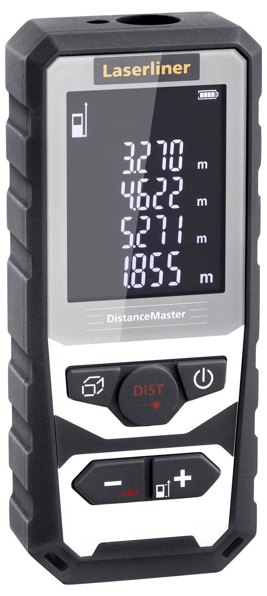 Een laser-afstandsmeter toont verschillende metingen in meters. De grootste weergegeven afstand bedraagt 5,271 meter.