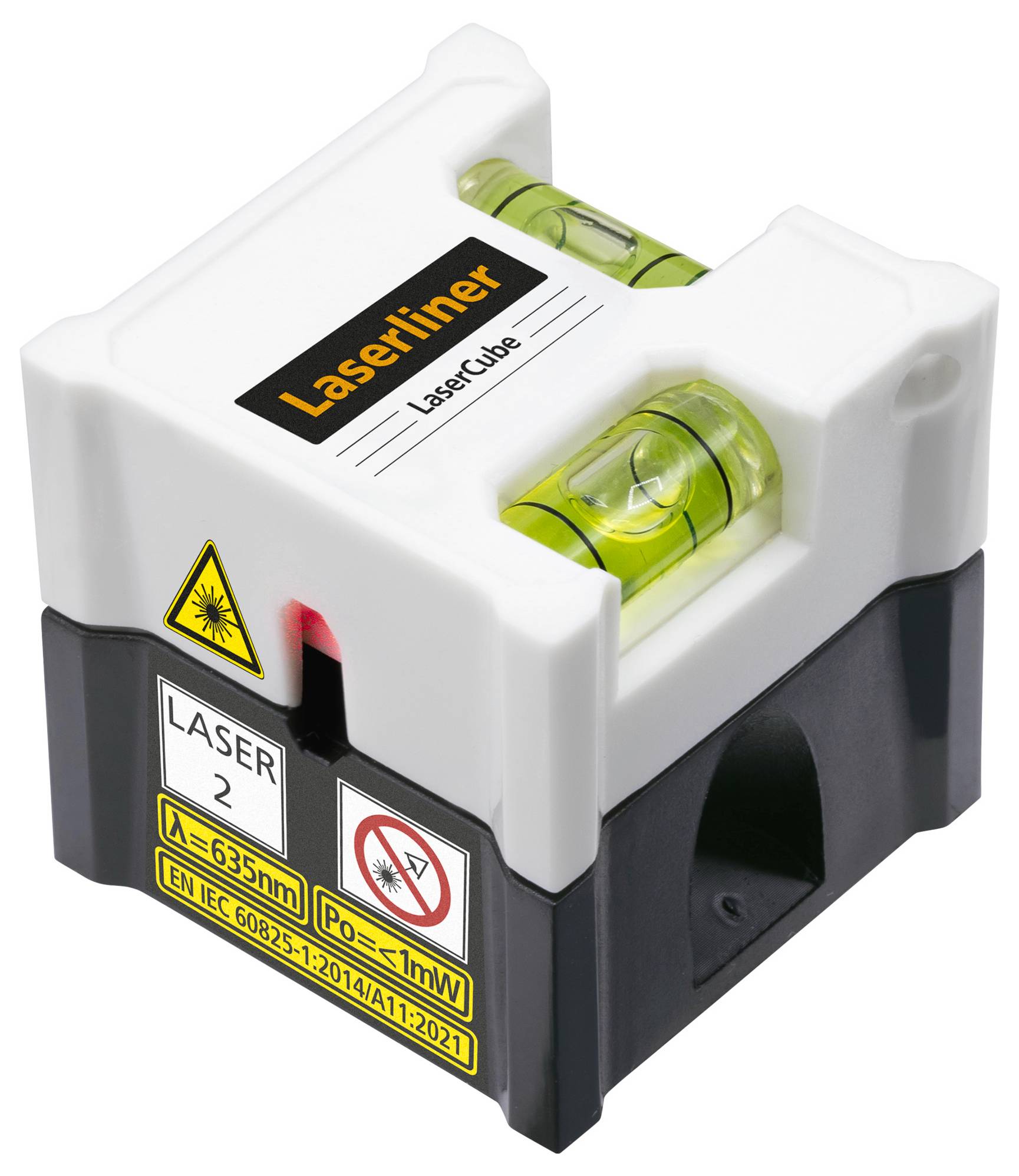 Een vierkante laser met twee waterpassen voor uitlijning. Opschrift 'Laserliner LaserCube', waarschuwingsinstructie voor laserklasse 2.