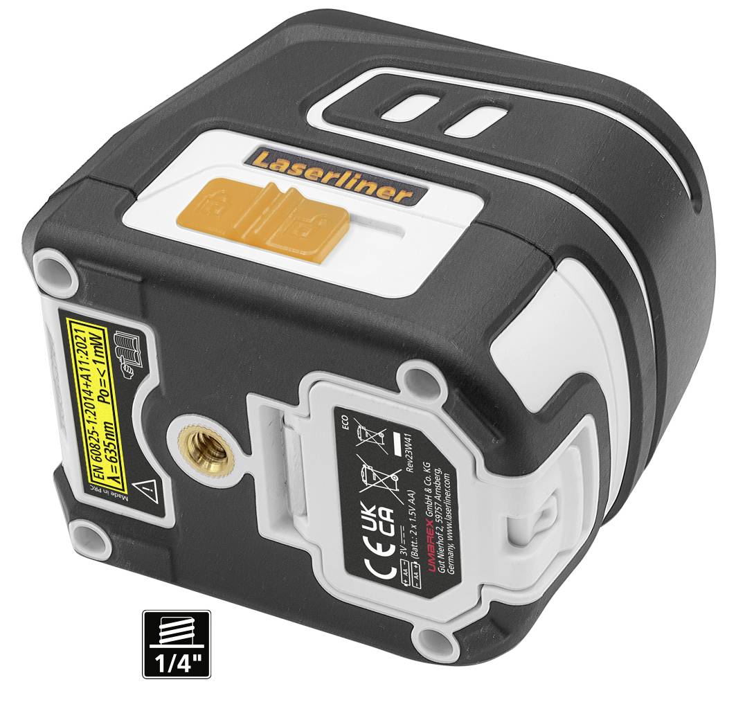 Lasermeetapparaat in zwart-witte uitvoering met gele accenten, vierkante vorm, 1/4 inch bevestigingsmogelijkheid onderaan, CE- en UK-keurmerk.