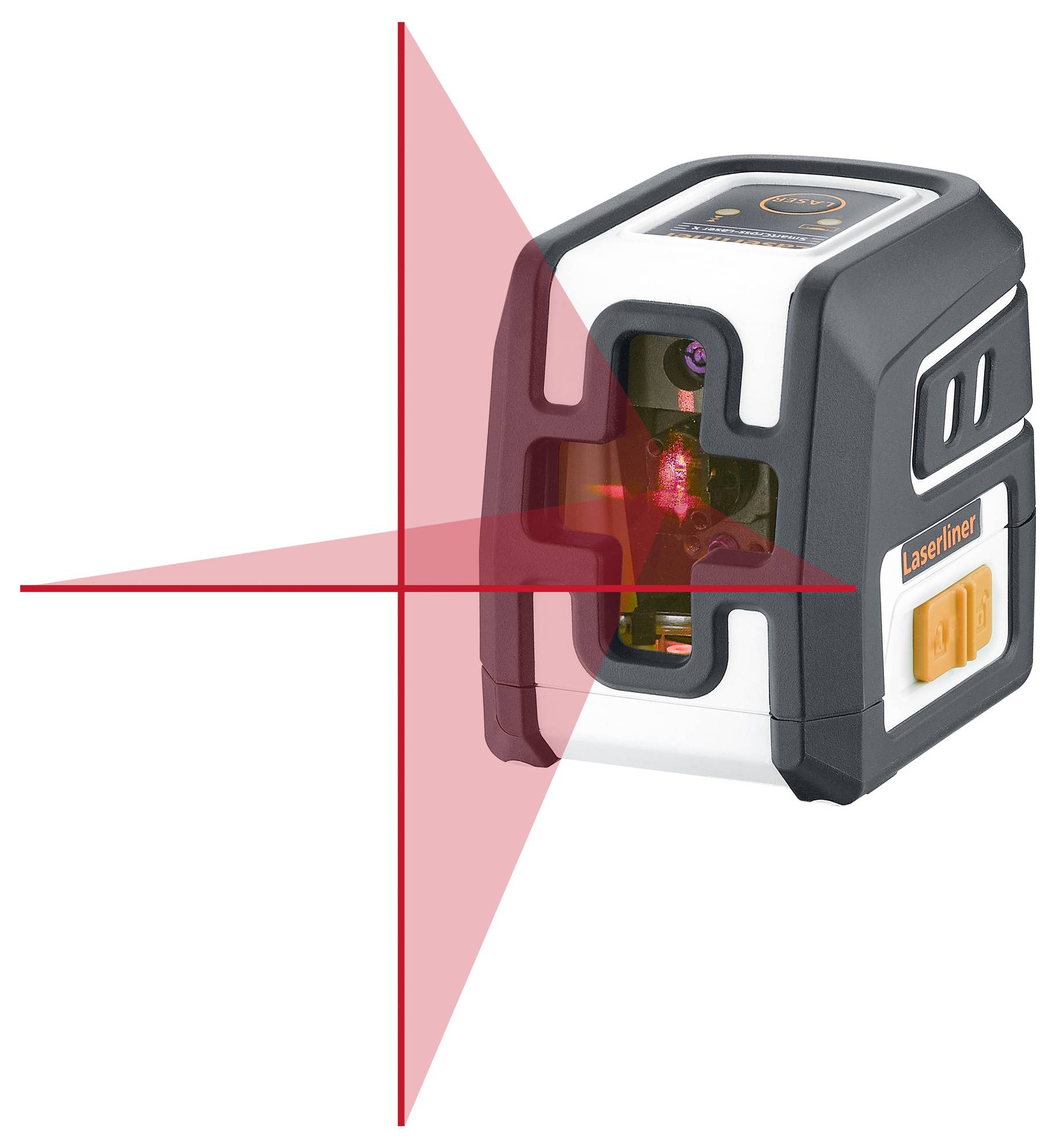 Een kruislijnlaser projecteert rode horizontale en verticale lijnen op een oppervlak voor nauwkeurige uitlijning en waterpassing.