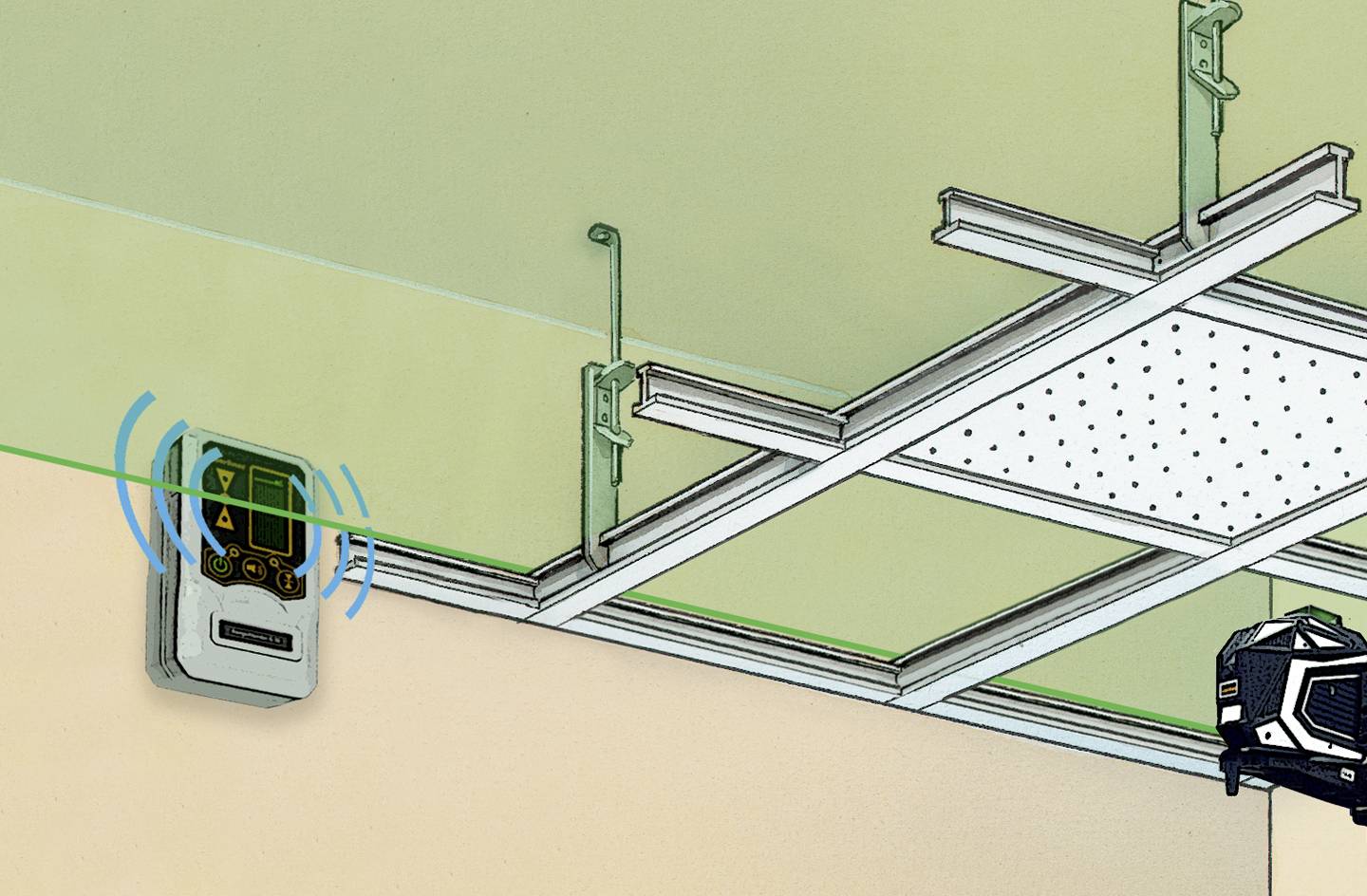 Apparaat voor het waterpassen aan een plafond dat een groen laserlicht uitstraalt. Rechts is een deel van een camera zichtbaar.