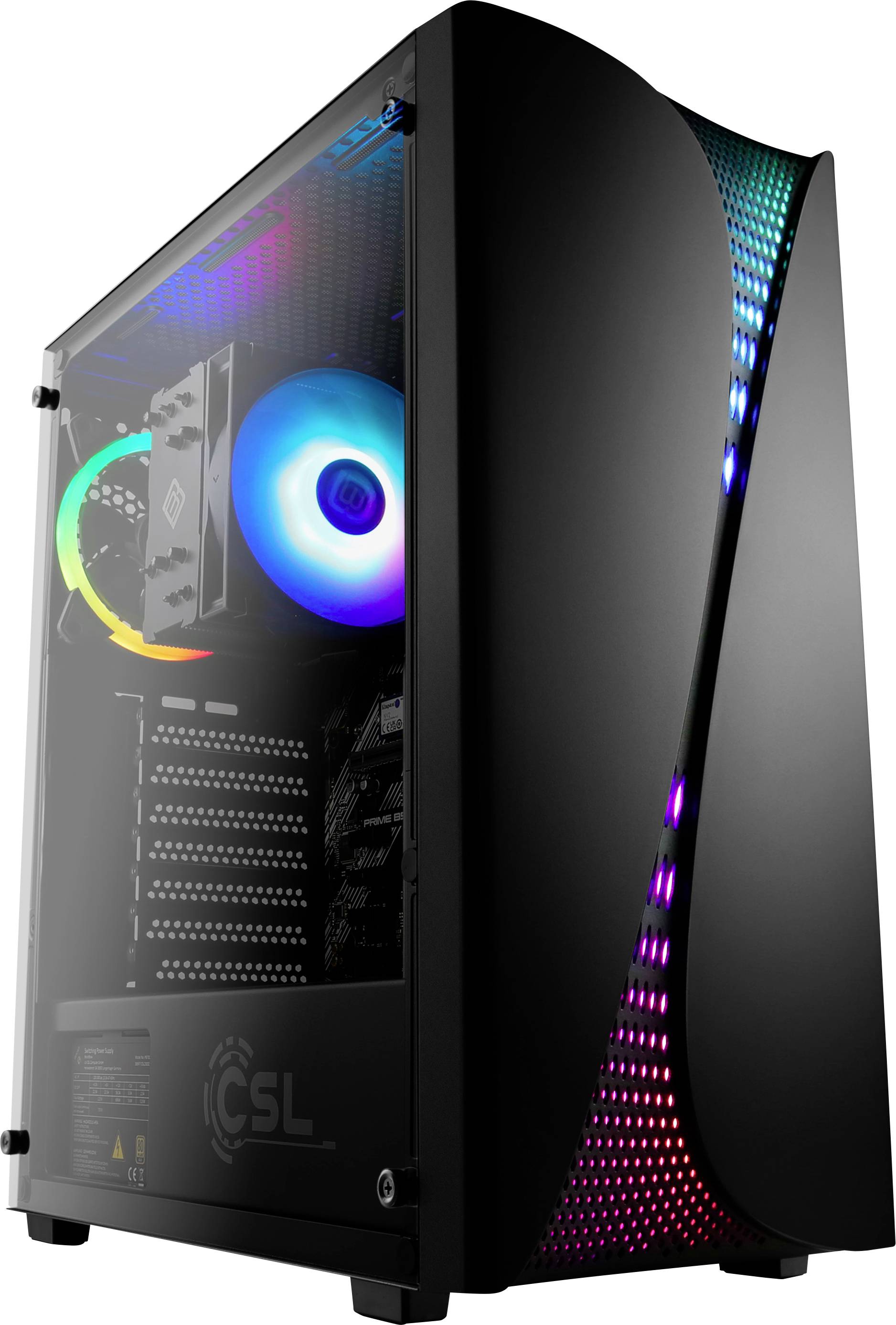 Zwarte computer met verlichte ventilatoren en een transparante zijwand die RGB-verlichting toont. Hoogwaardig gaming-pc-behuizing.