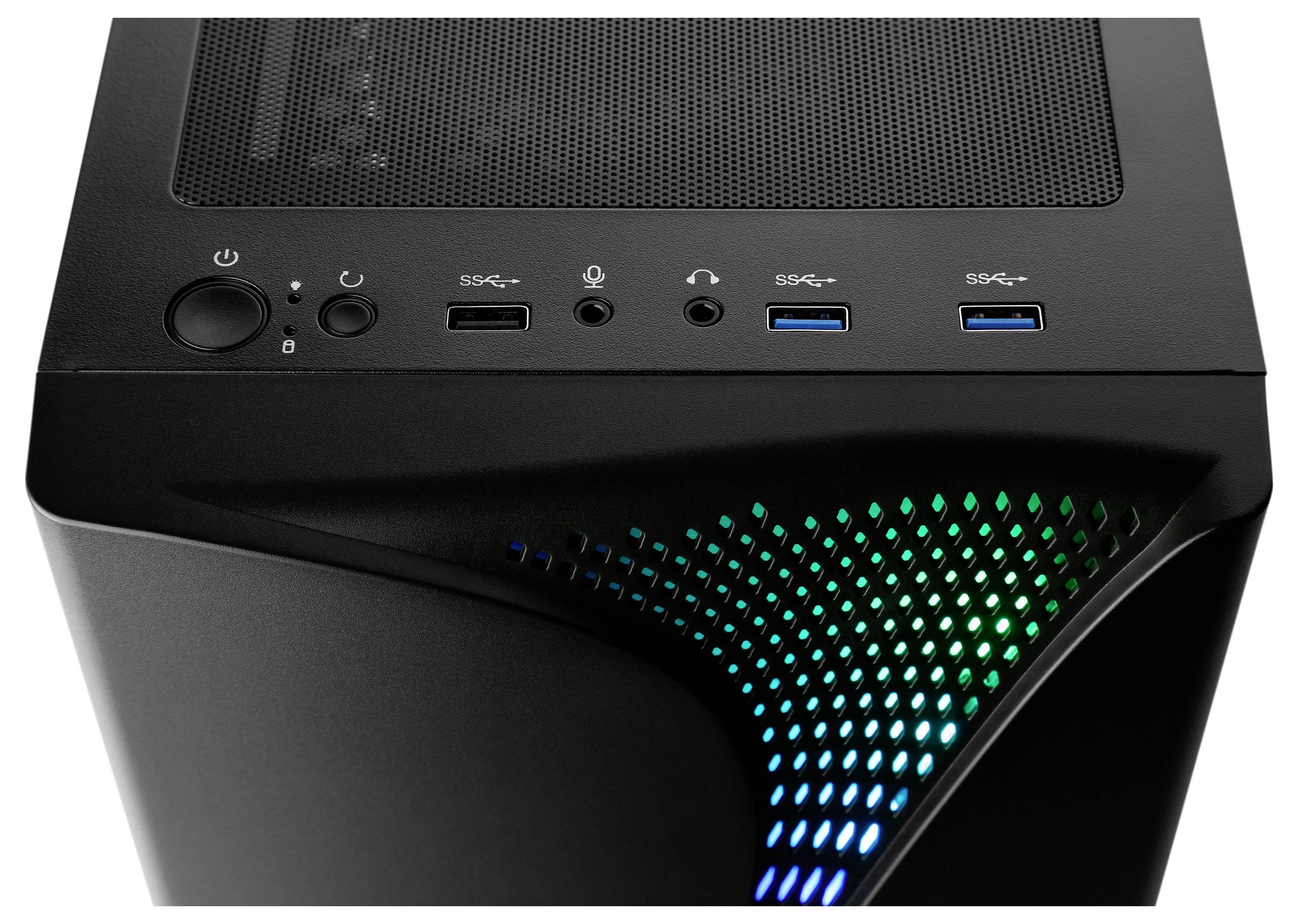 Zwart computerbehuizing met groen en blauw LED-licht. Bovenaan zijn USB-poorten en een aan/uit-knop zichtbaar.