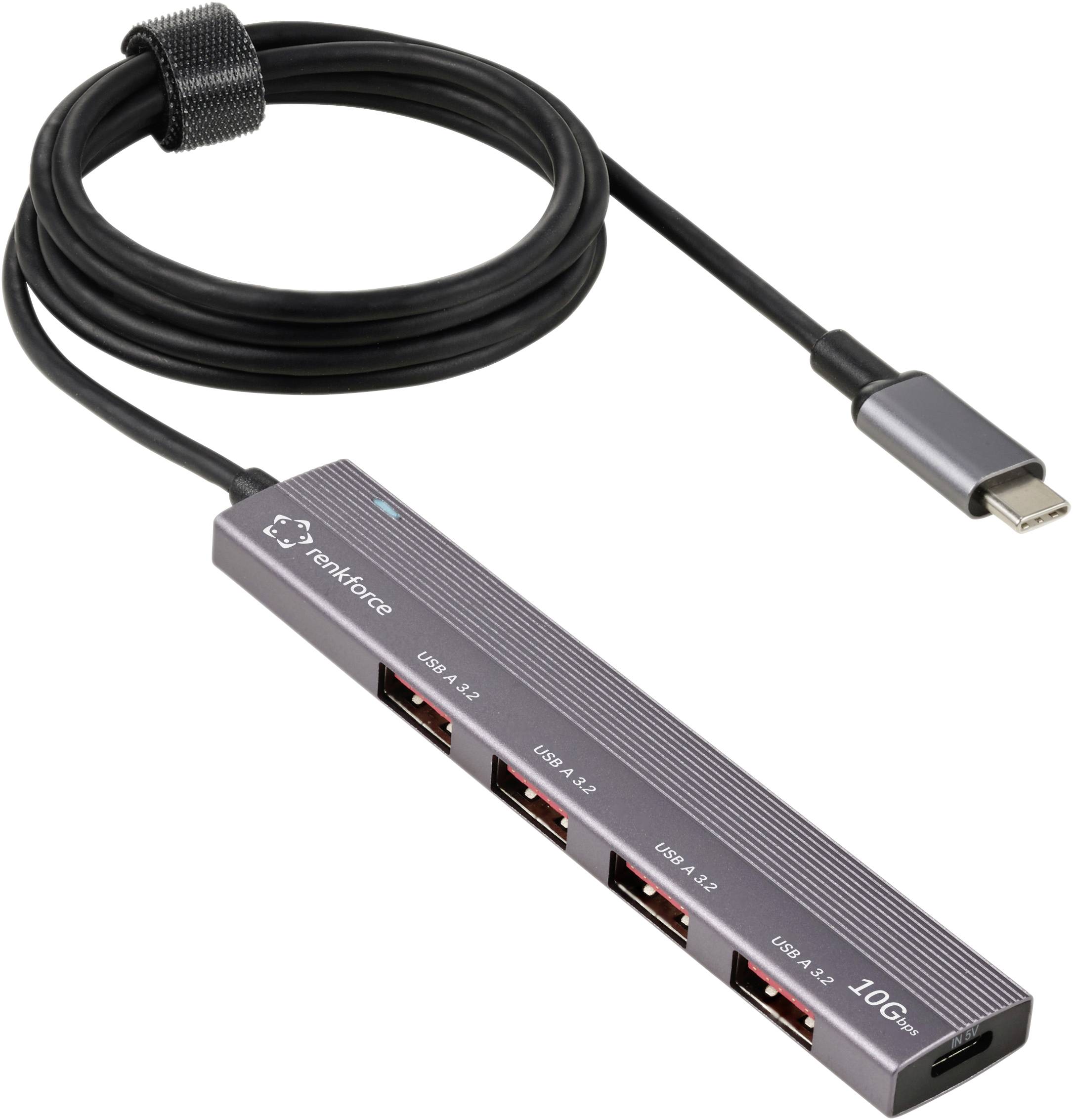 'USB-hub met vier USB-A 3.2-poorten en een USB-C-kabel. Ondersteunt gegevensoverdracht van 10 Gb/s.'