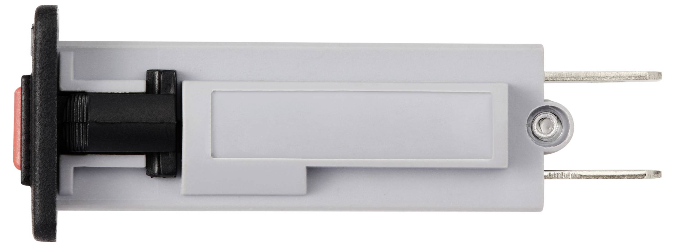 Een rechthoekige, grijze kunststof onderdeelenadapter met twee metalen pinnen en een zwarte zijcomponent op een witte achtergrond.