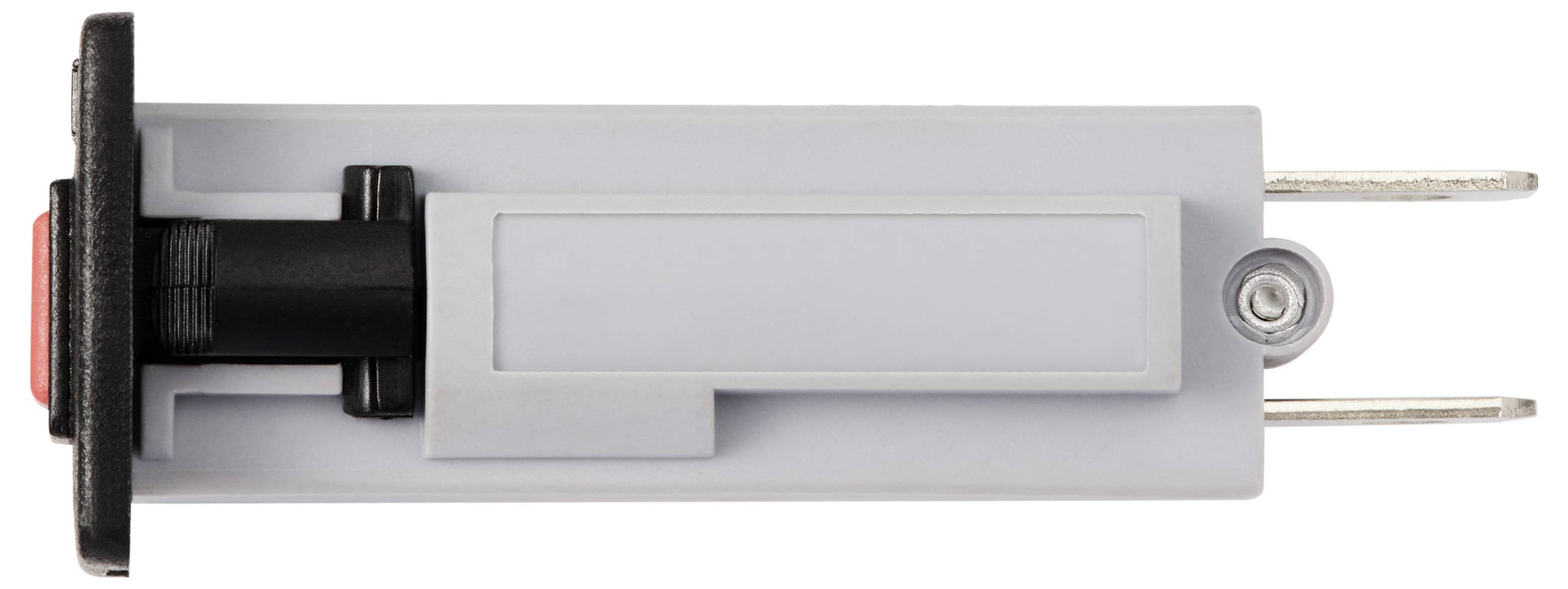 Een rechthoekig, grijs kunststof apparaat met een zwarte en een rode knop en twee metalen pinnen, vermoedelijk een elektrische adapter.