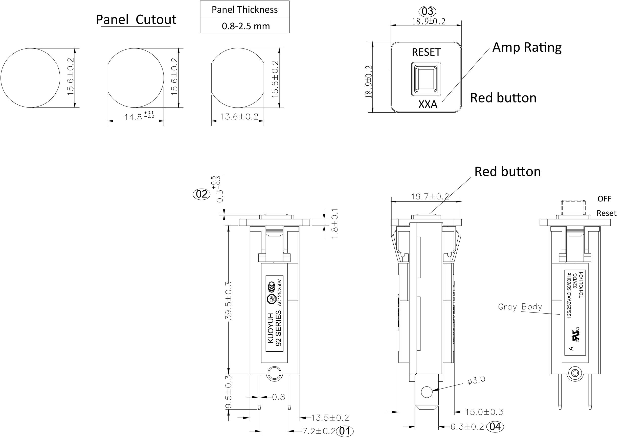 Diagram van een rode Reset-knop met afmetingen; toont doorsnede en bevestigingsgataformaten. Bevat aanwijzingen voor paneeldikte en stroomsterkte.