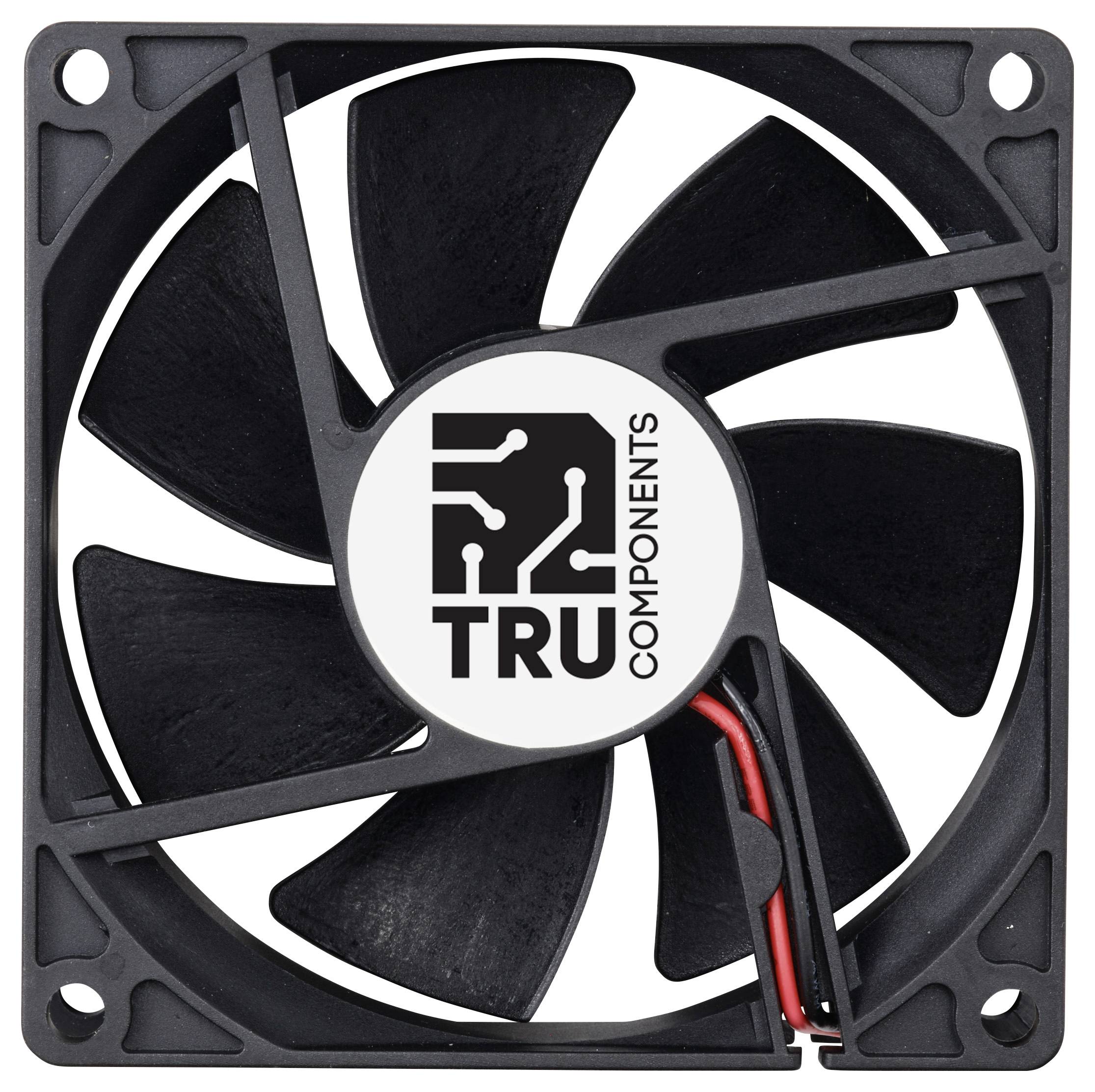 Een zwarte computerventilator met negen vleugels en een TRU Components-logo in het midden. Twee kabels steken uit de rechterbenedenhoek.