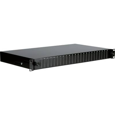 Een zwart 1U-serverrekbehuizing met ventilatiesleuven en bevestigingsgaten aan de zijkanten, bedoeld voor installatie in een serverrek.