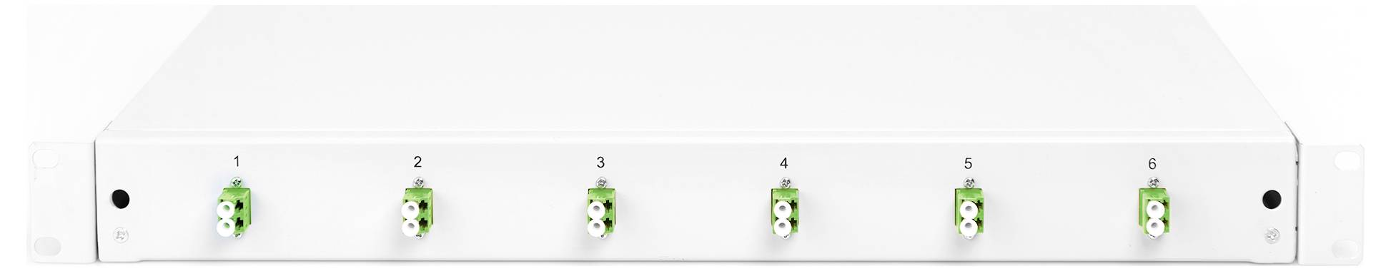 Een 1U glasvezel-patchpaneel met zes groene LC-aansluitingen aan de voorzijde, genummerd van 1 tot 6.