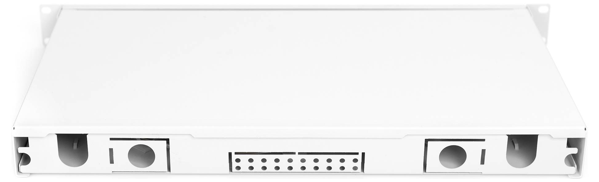 Een witte, rechthoekige metalen behuizing met meerdere aansluitingen aan de voorkant, waarschijnlijk een netwerk- of serverapparaat.