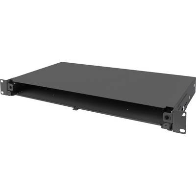 Een zwart, leeg 1U-rackmountbehuizing van metaal, geschikt voor montage in een serverrek.