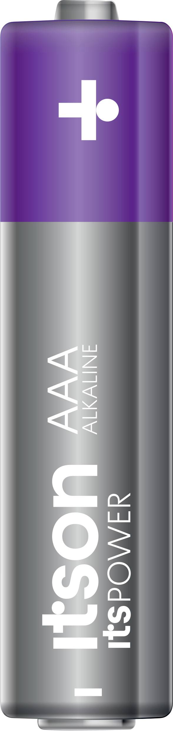 'Itson AAA Alkaline Batterij' met paars bovenste uiteinde en zilveren behuizing.
