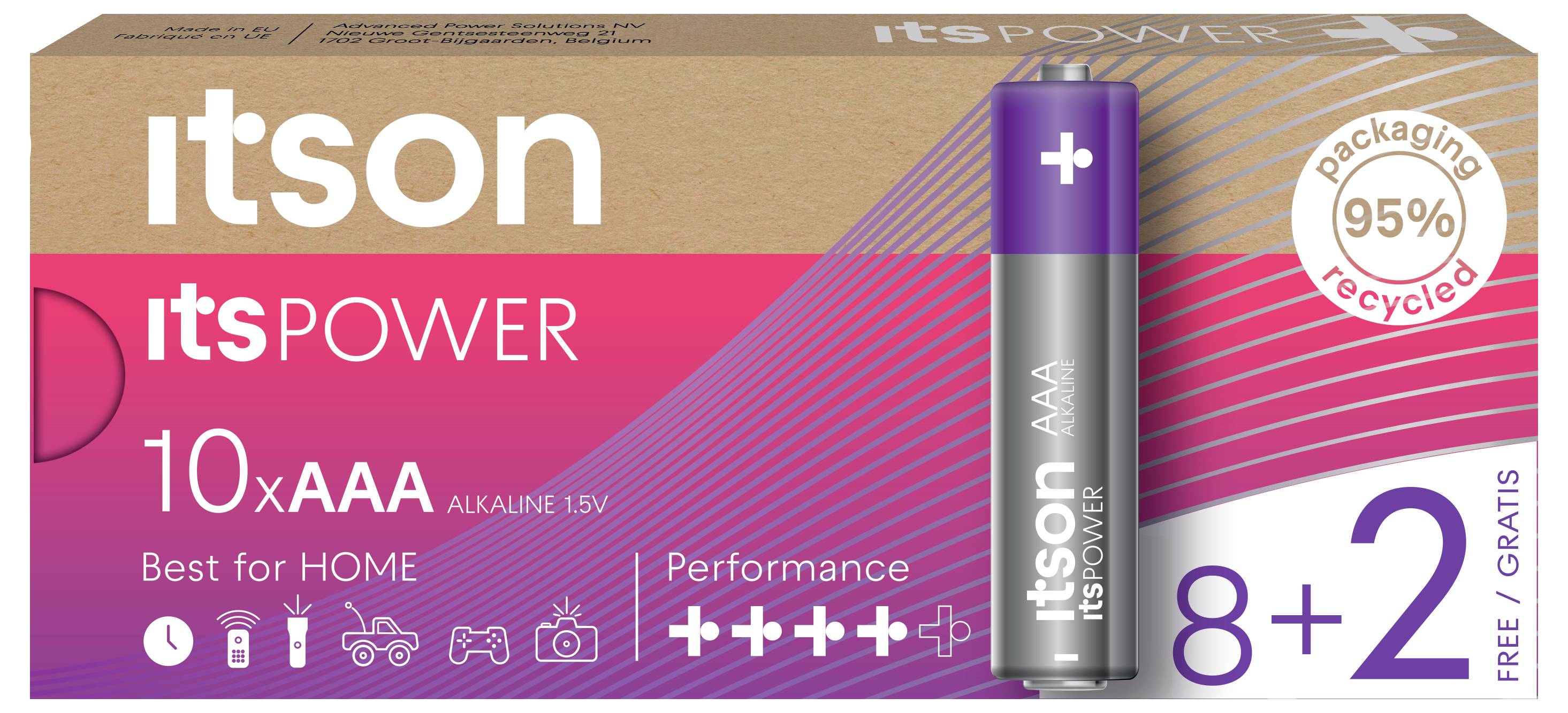 Verpakking van ItsPOWER AAA-batterijen, 10 stuks: 8+2 gratis. Ideaal voor thuis, Alkaline 1,5V. 95% gerecycleerde verpakking.