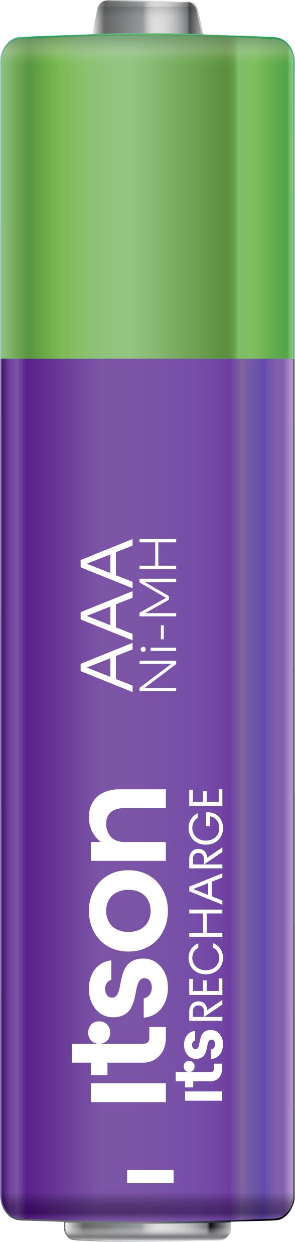 Een groene en paarse AAAA-batterij met het opschrift 'itson AAAA Ni-MH itsRECHARGE'.